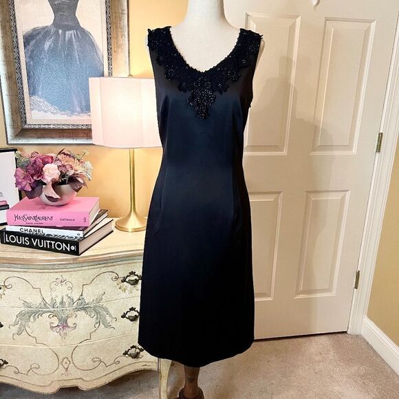 $215 NWT Laundry by Shelli Segal Satin Beaded Lace Black Party Cocktail Dress 6 - Picture 1 of 2